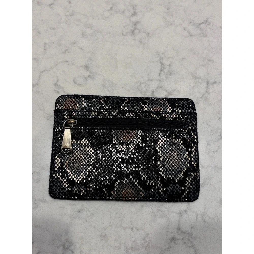 Hobo International Metallic Snakeskin Embossed Leather Slim Card Case Wallet Zip